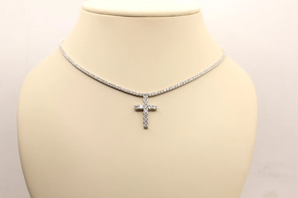 COLLANA TENNIS CROCE MM 2 MM 2,5 CM 40-45 ARGENTO RODIATO ZIRCONI BIANCHI EXPOIT - Immagine 2 di 4