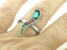 Sterling Silver Ring Inlaid Turquoise Coral Onyx Snake EX