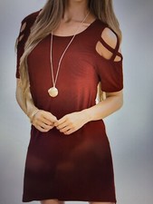 Thanth Women's XL Red Short Sleeve Cold Shoulder Dress w/Pockets Rayon Scoopneck
