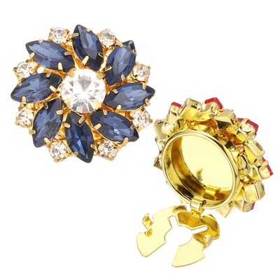 Button Cover Cufflinks, Rhinestone Flower Cuff Links, Gold Tone (Dark Blue)