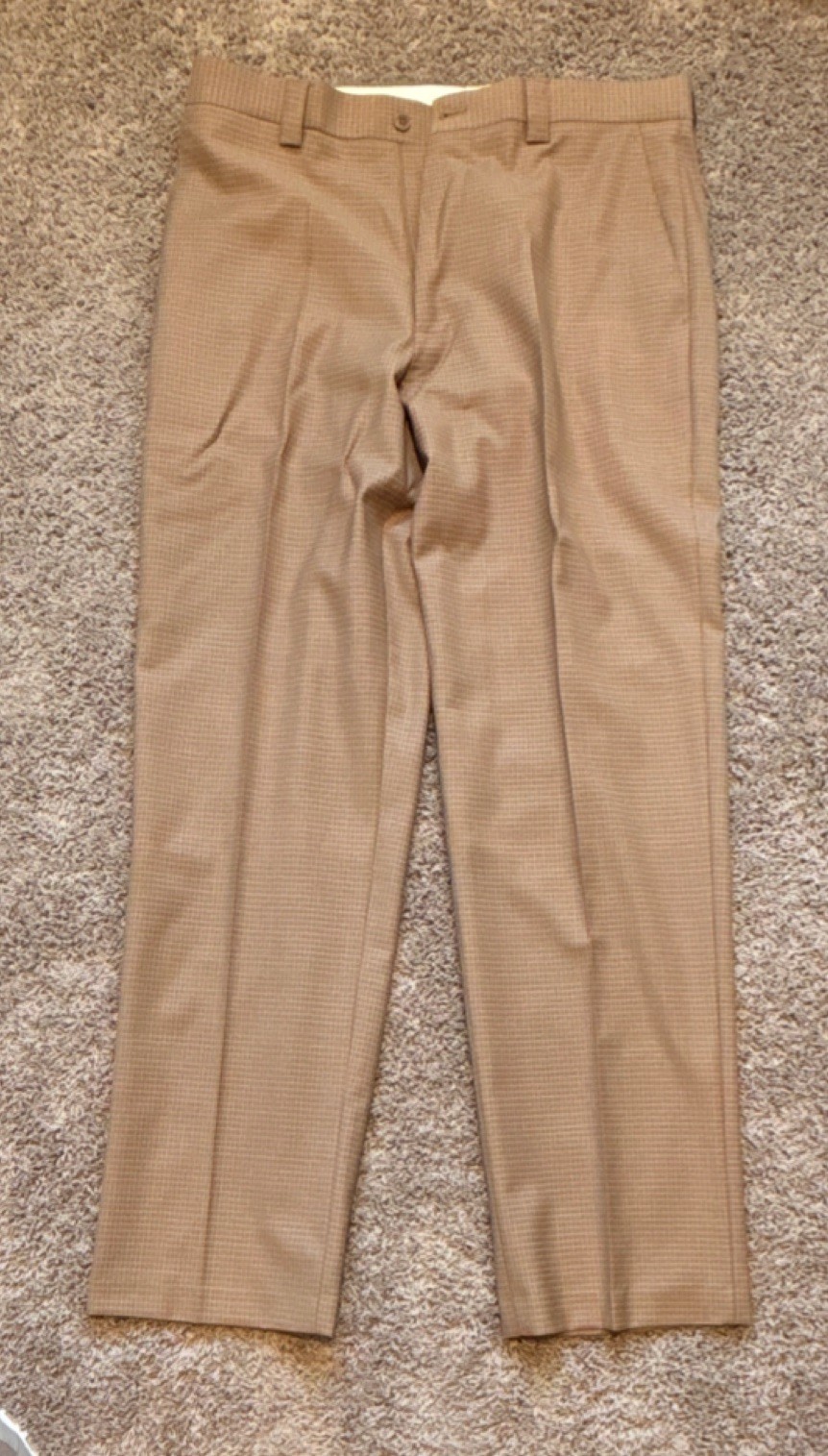Ashworth Men's Beige Golf Check Flat Front Casual Straight Pants Size 34