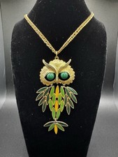 Gold Tone Necklace With 3.5 Green Eyes Owl Pendant - 24