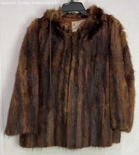 Vintage Women's Brown Striped Mink Fur Zip Coat w/ Hood -- TORN SHOULDER
