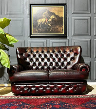 Vintage THOMAS LLOYD Antique Style Leather Chesterfield Blood Red Sofa 2 Seater