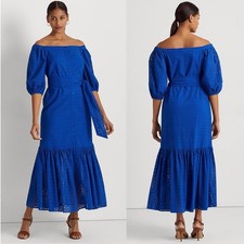 LRL Ralph Lauren Eyelet Cotton Off the Shoulder Dress Blue Tiered Belted Size 6