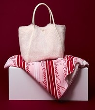 VICTORIA'S SECRET FAUX FUR TOTE BAG  COZY PLUSH BLANKET COMBO PINK RED MULTCLR