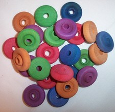 25 Parrot Bird Toy Parts Colored Wood Wooden Wheels 1" Round W/ 1/4 Hole