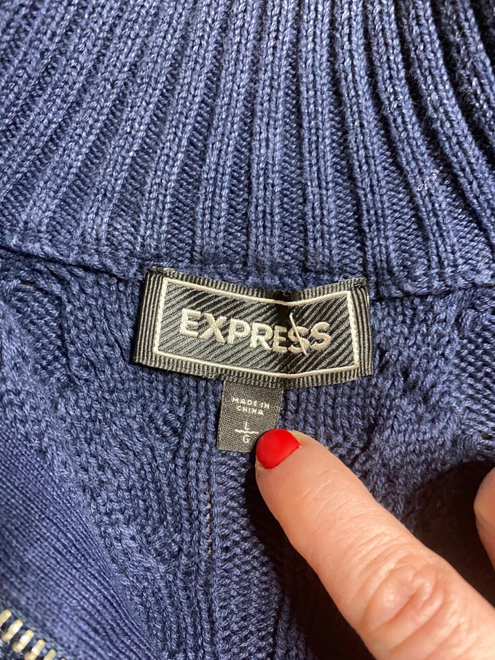 Express Men’s 100% Cotton Cable Knit Geometric  Half Zip Blue Sweater Size Large - Image 2 of 4