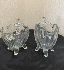 EAPG Clear Glass Creamer Sugar Set Open Etched Footed Scalloped Edge Floral