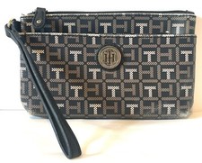 TOMMY HILFIGER WALLET. WRISTLET POUCH ZIP HANDBAG. BLACK-BROWN METALLIC RN 77806