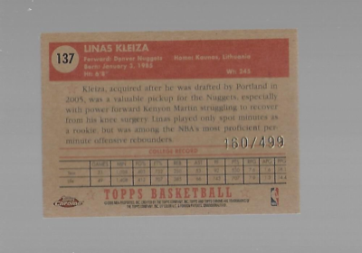 2005-06 Linas Kleiza, Topps 1952 Style, Chrome, Numbered 160/499