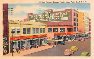 #ad Sioux Falls SD South Dakota Phillips Avenue Main Street 1950s Vtg Postcard A12 $10.95