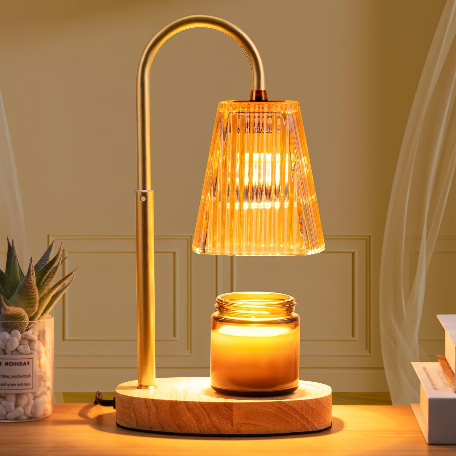 Dimmable Candle Warmer Lamp with Amber Lampshade and Wax Melt Top Warmer-image