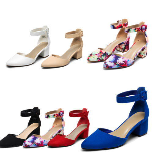 Women Low Chunky Block Heel Pumps Ankle Strap Pointed Toe Party Dress Shoes