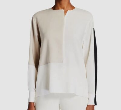 $1490 Akris Punto Women's Beige Scarf Tie Neck Wool Tunic Blouse Top US Size 10