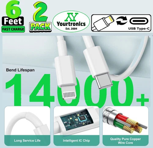 2 Pack Fast Charger 8-Pin/USB-C For iPhone 14 13 12 11 Pro Max Plus XS XR 8 7 6 - Picture 4 of 5