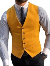 Men's Wedding Yellow Wool 5 Button Vest Scottish Kilt Waistcoat