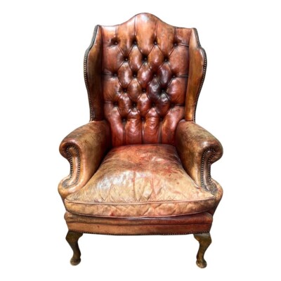 Vintage Chesterfield Wingback Armchair in Brown Leather Original