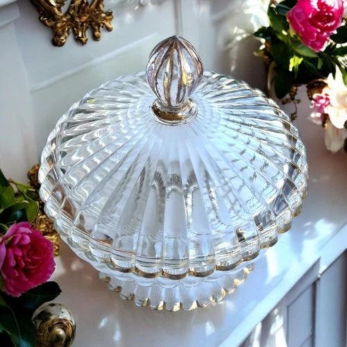 Vintage Jeanette Glass Gold Trimmed Candy Dish With Lid Footed National Pattern