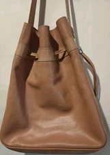 Longchamp Paris Leather Bucket Bag Vintage Beige Brown Drawstring Shoulder 