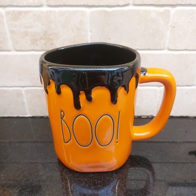Rae Dunn Artisan BOO! Kürbis große Tasse orange schwarz Keramik gruselig Halloween 