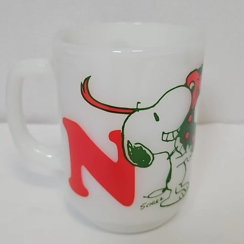 Snoopy Anchor Hocking Fire King Christmas Noel Mug Cup Milk Glass Vtg 1965