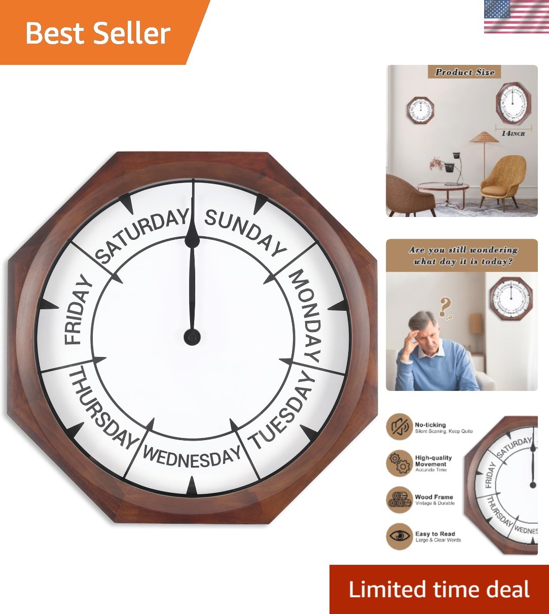 14 inch Wood Retirement Clock for Women Men, Day of The Week Wall Clock for S...