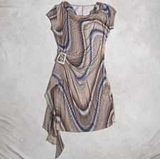 Draped Abstract Wrap Dress Womens Size 10 Brown Buckle Cinched Cowl Neck Work