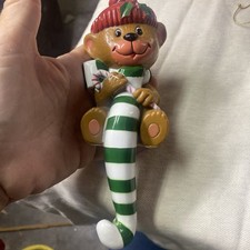 Vintage Christmas 1982 Holiday Teddy Bear Stocking Holder Hanger Candy Cane Hook