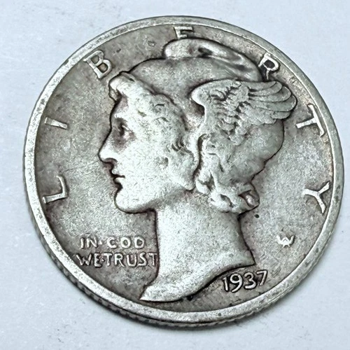1937 Mercury Dime, Winged Liberty Head, 90% Silver, Extra Fine Condition #4403