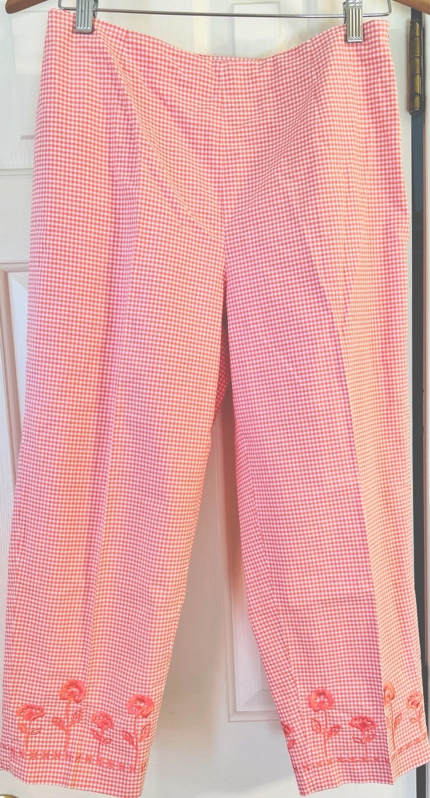 Talbots Petites Size 10 Stretch Coral/Lt Orange Gingham Capri High Rise Side Zip