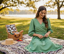 NWT Lane Bryant Green Puff Sleeve Tuck Detail Midi Dress Plus Size 18/20 Pockets