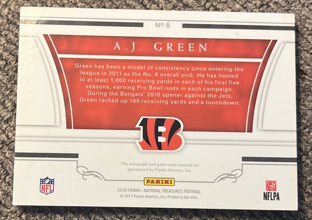 AJ Green 2016 National Treasures SSP Colossal Signatures Game Used Patch Auto/25 view 2