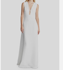 Halston White Crepe V-Neck Sleeveless Maxi Dress Rhinestone Zip Size 2 1018711