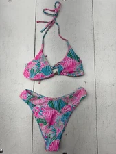 Shein Pink Blue Sea Shell Print 2 Piece Bikini Swim Suit Set Womens Size XS