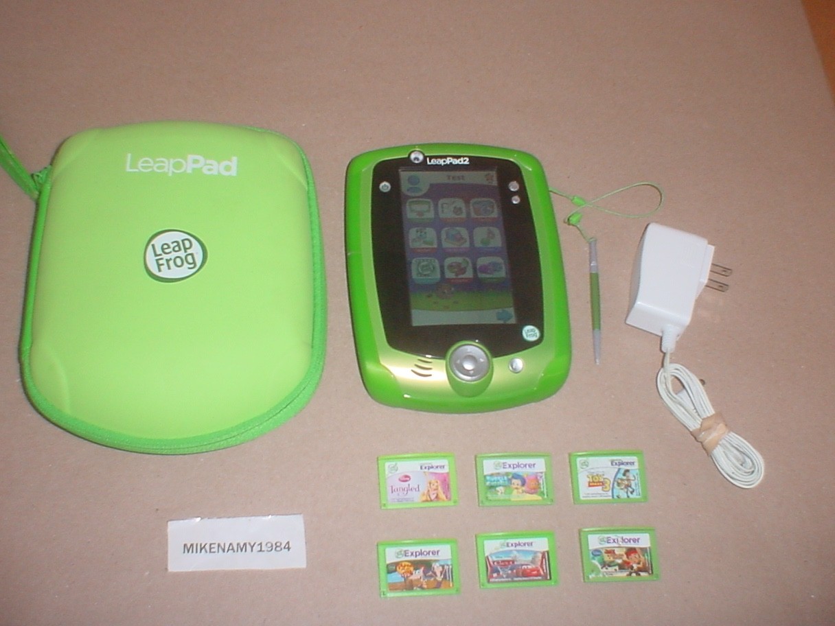 LeapFrog LeapPad2 Explorer Green Tablet W/ Stylus Sleeve& 6 Games + rechargeable