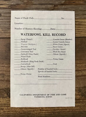 Vintage - CALIFORNIA ''Waterfowl Kill Record'' Duck Hunter Survey - Fish and Game