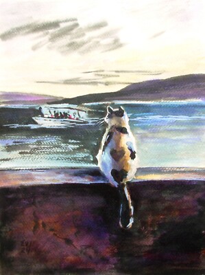 Katze Boot Meerblick Original Tusche Gemälde Tier Wandkunst Wanddeko Papier 9x12 Zoll