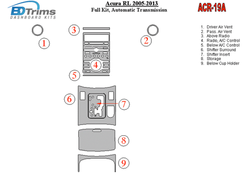 Kit de molduras de tablero BDTrims para modelo Acura RL 2005-2013 - Imagen 2 de 7