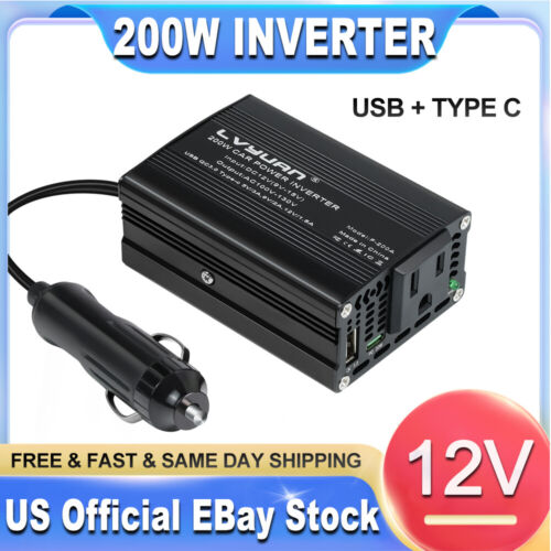 Car 200W Power Inverter DC 12V to AC 110V Converter With USB Type C Fast Charge