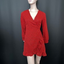 Nasty Gal Red Black Polka Dot Wrap Dress Size S Long Sleeve Ruffle Hem Mini