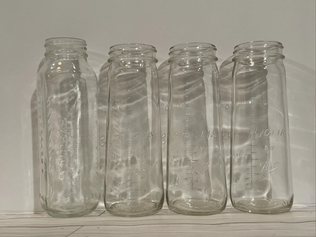 VINTAGE HYGEIA GLASS BABY BOTTLES BY BALL SET OF 3 PLUS 1 EVENFLO BOTTLE 8OZ