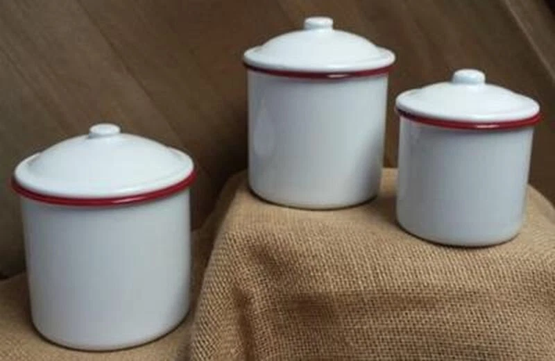 3 pc Primitive RED WHITE ENAMELWARE CANISTERS Set Farmhouse Cottage Rim NEW - Image 2 of 2