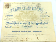 Urkunde Transatlantische Feuer Versicherungs Actien Geselschaft 1903 Hamburg