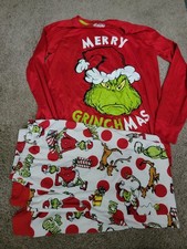 Men  s Dr. Seuss The Grinch Long Sleeve Pajama Set - Red/White/Green Small
