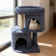 26" Small Cat Tree w/Large Padded Plush Perch, 2 Condos, Sisal Scratching Posts