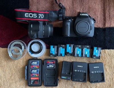 Canon EOS 7D DSLR + Sigma 17-70mm f/2.8-4 Macro Lens + 7 Batteries + 5 CF Cards