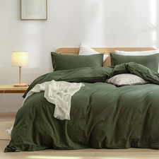 Chic Olive Green 3-Pc Duvet Cover Set - Soft Washed Cotton Linen Feel