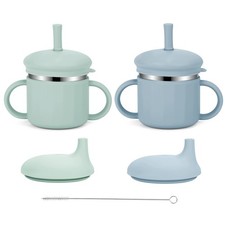 Stainless Steel Baby Sippy Cups 7.4 Oz Spill Proof Straw 3 Stages Beige Brown