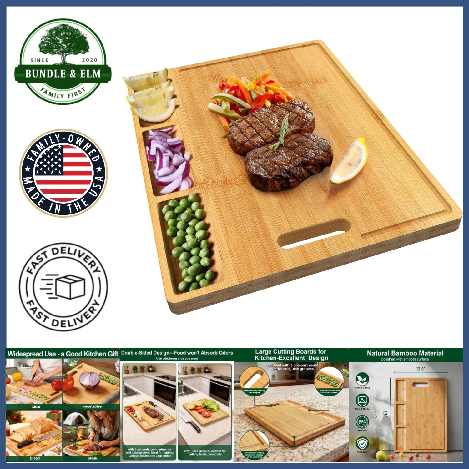 Mess-Free Bamboo Cutting Board with 3 Built-in Sections for Ingredients